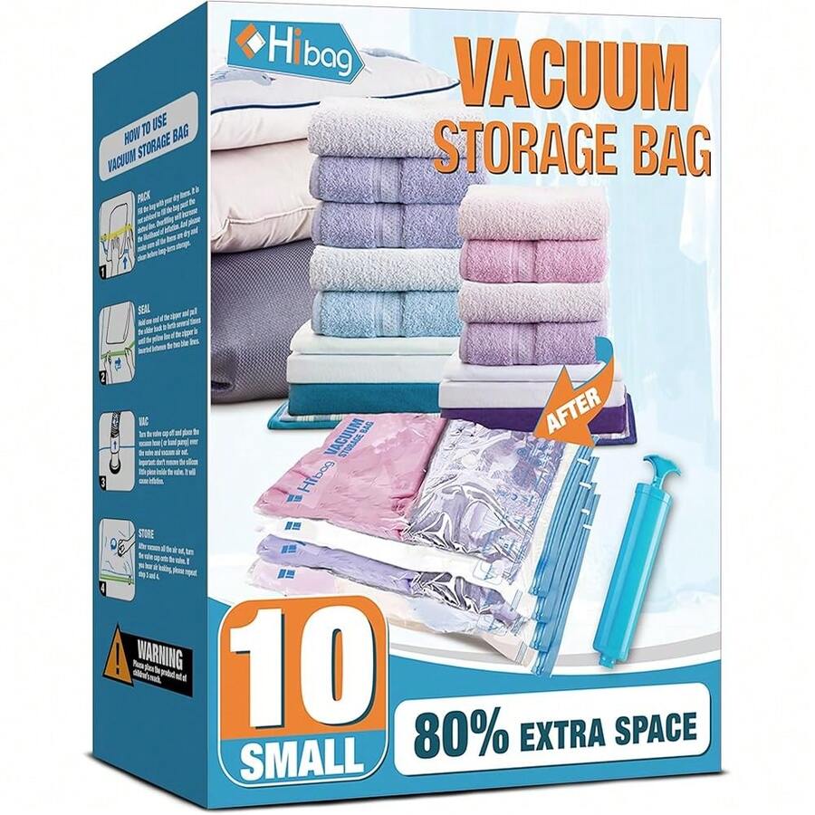 New Vacuum Storage Bags, 10 Small Space Saver Vacuum Seal Bags, Space Bags, Vacuum Sealer Bags For Clothes With Travel Hand Pump (10S) - 10-all - View 1