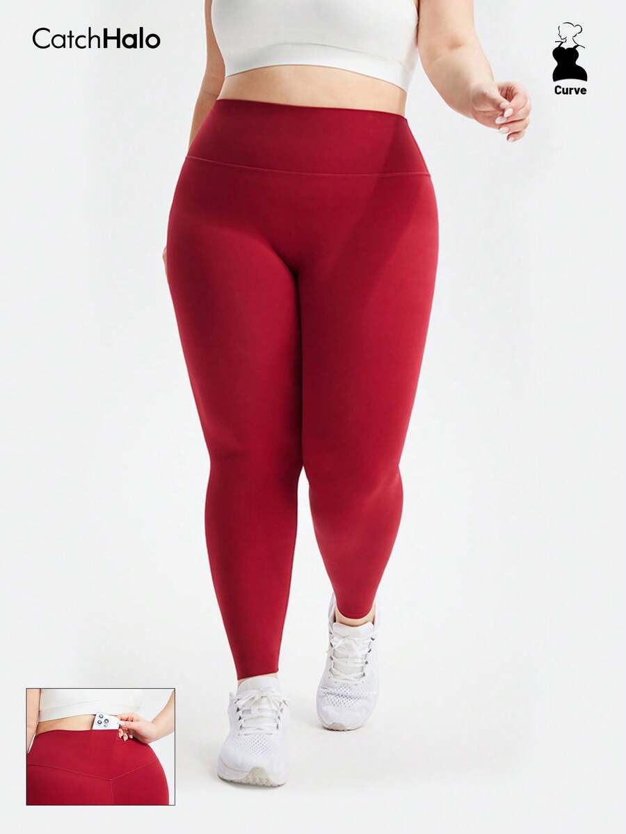 Plus Size Women's Solid Color Sports Yoga Leggings With Pockets, High Elasticity, Suitable For Running, Gym Workout - 紫色 - 查看 1