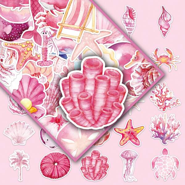 50 pegatinas decorativas de color rosa con diseños lindos de medusa, concha marina y coral para botellas de agua, tabletas y escritorios