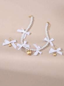 Conjunto de 3 peças de brincos e colar com pingente de coração e pérolas falsas, gargantilha com laço fofo e contas, joias para festivais de música