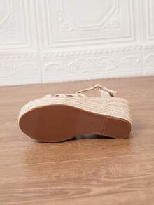 女士简约踝带帆布鞋，度假米色编织绒面革绳底厚底坡跟凉鞋，波西米亚风布扣沙滩婚礼户外休闲编织鞋，四季皆宜