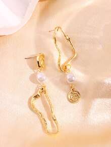 1 对不对称奢华设计几何珍珠吊坠耳环，巴洛克风格不对称吊坠耳环，适合女士日常、节日和派对装扮 - 多色 - 查看 4