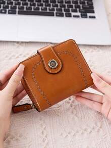 MIYIN 复古镂空对折女士钱包，时尚多功能短款钱包，拉链手拿包，便携商务休闲风格，带卡槽和拉链口袋，可装信用卡/身份证/现金，女士生日/周年纪念礼物 - 棕色 - 查看 6