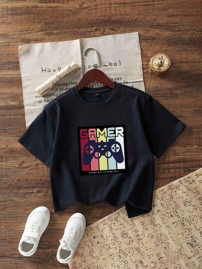 Tween Boys' Video Game Controller Print Round Neck Short Sleeve T-Shirt For Summer