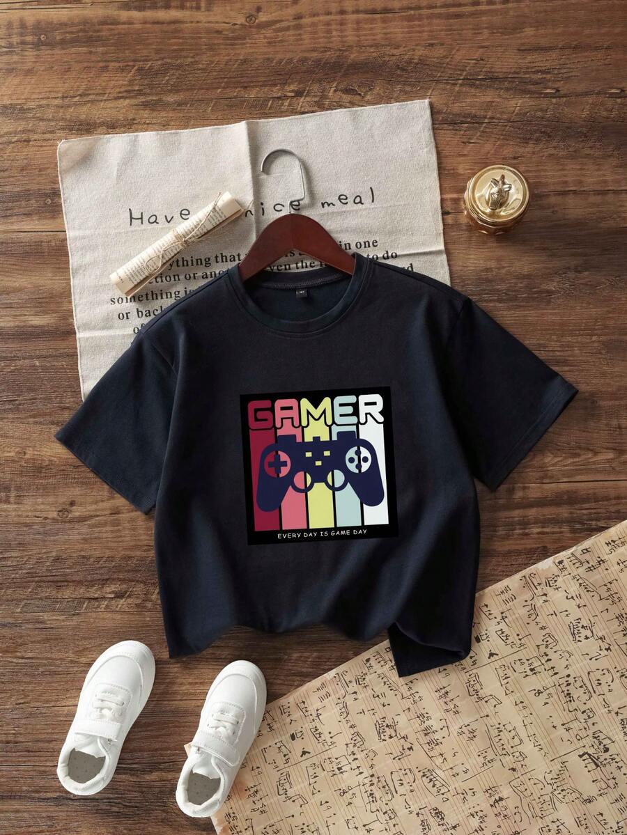 Tween Boys' Video Game Controller Print Round Neck Short Sleeve T-Shirt For Summer