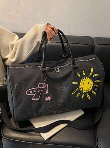 Thickened Canvas Cartoon Graffiti With Childlike Patterns, Wear-Resistant, Multi-Level, Large Capacity, Ultra Light, Foldable, Multifunctional, Zippered Single Shoulder Crossbody Handbag, Travel Bag, Luggage BagSuitable For Shopping, Wallet, Shopping, Young Women, College Students, Newcomers, White-Collar Workers. Very Suitable For Office, College, Work, Business, Commuting, Outdoor Activities, Travel And Outings
