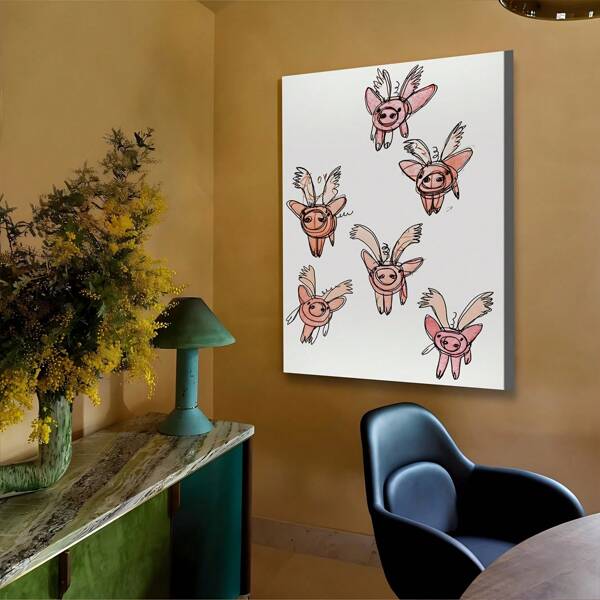 1pc Humorous Flying Pink Pig Makes Your Home Unique, Suitable For Rooms, Bathroom Accessories, Walls, Home Decoration, Wall Art, Modern Frameless Wall Arts Posters
