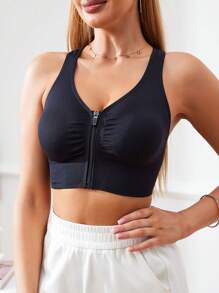 1 Pc Solid Color Fashion Zipper Model Hollow Back Breathable Comfortable Non-Steel Ring Removable Thin Padded Sports Bra