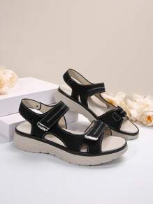Women's Simplistic Wedge Sandals, Breathable PU Material, Mid Heel Casual Beach Sandals, Versatile For Daily Commute