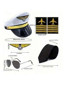 6 件套节日主题空乘人员帽子、领带、胸针、肩章、眼镜、机组人员服装配饰、飞行员服装角色扮演适合万圣节派对 - 彩色 - 查看 10