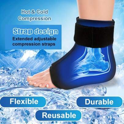 1 件热/冷疗法凝胶包 - 脚踝冰袋、脚跟和脚部包裹带可调节带子，光滑灵活，适合左脚或右脚，均码，微波炉加热和冷冻
