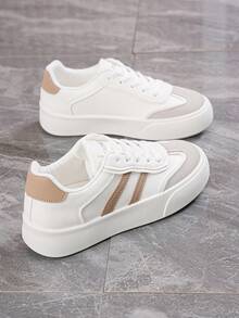 女士 2025 年春夏休闲运动鞋 - 轻质 PU 外层低帮鞋，透气面料衬里，柔软橡胶鞋底和条纹设计，适合学校、办公室、休闲装 - 卡其色 - 查看 19