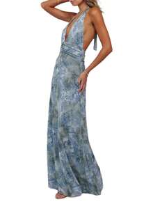 Womens Boho Floral Print Halter Maxi Bodycon Dress Summer Sexy Backless Flowy Long Dresses Beach Vacation Sundress - 藍色 - 查看 3