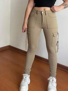 Quần denim cargo bó sát màu trơn phong cách Y2K dành cho nữ, mùa thu - Màu be - Xem 8
