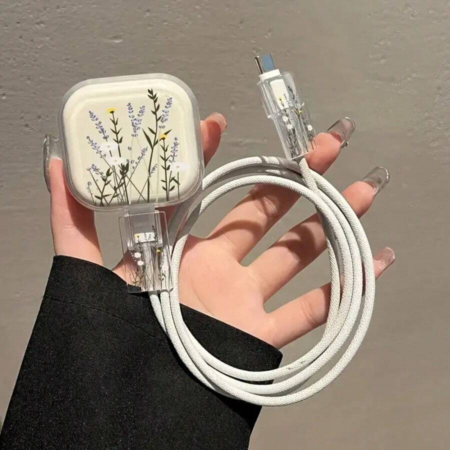 薰衣草/蜘蛛图案数据线保护套 20W 英规 兼容 16 Pro Max 15W 快速充电 13、14 系列 20W 英规充电头 透明保护壳 少女心 - 彩色 - 查看 1