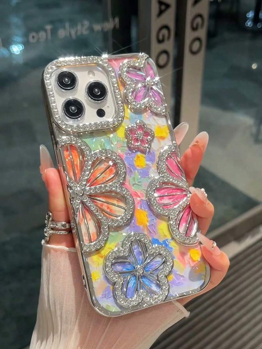 复古简约个性化3D油画花卉电镀钻石闪粉TPU手机壳，兼容 14、14 Pro、14 Plus、14 Pro Max、15、15 Pro、15 Pro Max、16、16 Pro、16 Plus、16 Pro Max - 銀色 - 查看 1
