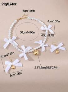 Conjunto de 3 peças de brincos e colar com pingente de coração e pérolas falsas, gargantilha com laço fofo e contas, joias para festivais de música