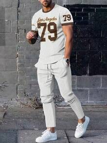 2 件套男士运动慢跑服，优质面料超柔软舒适渐变休闲圆领短袖上衣和慢跑裤套装，流行服装 - 卡其色 - 查看 1