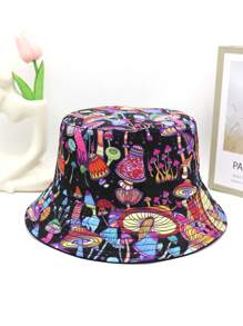 Fashionable Mushroom Printed Unisex Reversible Bucket Hat, Hip Hop Y2K Style Cap