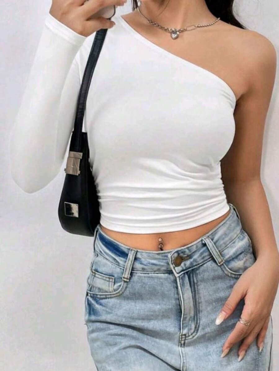 Women's Cropped Top T-Shirt Blouse With One-Shoulder Neckline Suplex Fabric Ideal For Going Out On Casual Romantic Elegant And Sophisticated Dates - 白色 - 查看 1