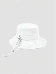 1pc Women's Spring Summer Autumn Solid Color Fringe Drawstring Bucket Hat, Large Brim For Sun Protection, Adjustable Headband, Fashion Accessory