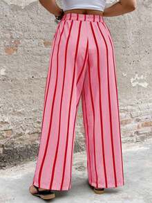 女士粉色条纹休闲度假风长裤（春季款） - 粉色 - 查看 4
