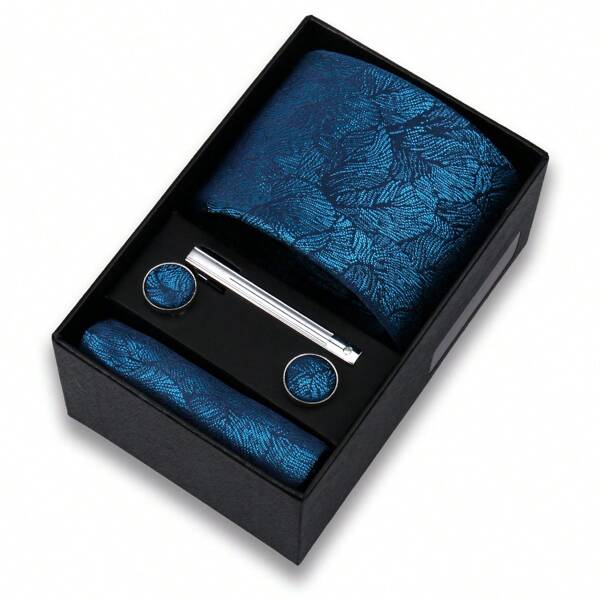 1 Set Krawatte, Einstecktuch & Manschettenknöpfe Geschenkbox, blaue Krawatte mit Blumenmuster 7,5 cm, geeignet für Feste, Hochzeiten, Arbeit