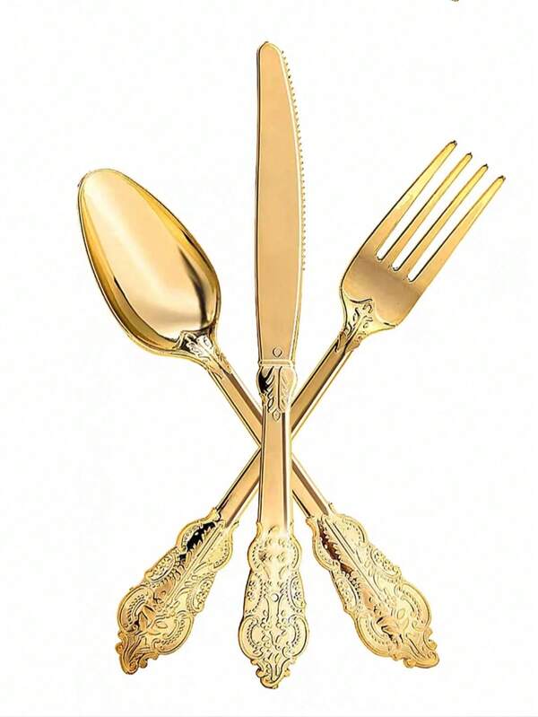 150 قطعة طقم أدوات مائدة مطبوع عليها ذهبي ، 50 سكين ، 50 شوكة ، 50 ملعقة، مناسب للأعراس والحفلات وأعياد الميلاد والمناسبات الأسرية والمطابخ والشواء على الشاطئ والنزهات والتخييم والمطاعم وعيد الفصح وعيد الحب والجمعيات الخيرية والمخابز وأكشاك السوق والمناسبات الخارجية، لحالات الاستخدام الفوري والاستخدام المتكرر بعد الغسيل