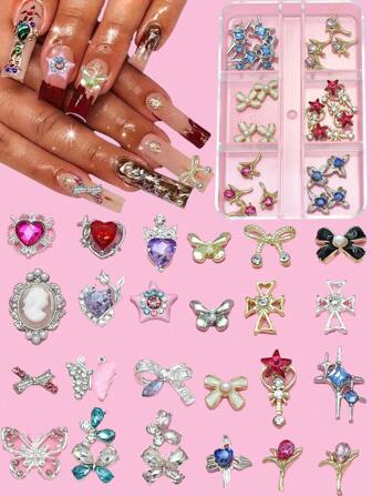 1 caja (18 piezas)(24 piezas)(30 piezas) Surtido de dijes de metal para decoración de uñas - Lujo 3D aloy con rhinestones, lazos/mariposas/corazones surtidos