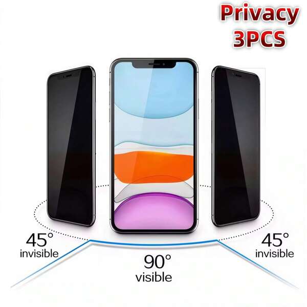 3Pcs Full Coverage Privacy Screen Protector Tempered Glass For IPhone 16 Pro Max/16 Pro/16 Plus/16/16e, 15 Pro Max/15 Plus/15 Pro/15, 14 Pro Max/14 Plus/14 Pro/14, 13 Pro Max/13 Pro/13, 12 Pro Max/12 Pro/12, 11 Pro Max/11 Pro/11, Xs Max/Xr/Xs/X, Anti-Spy, Anti-Fingerprint, Anti-Shock