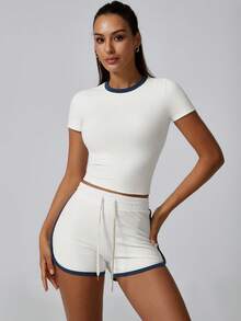 NcmRyu 1套抽绳腰部撞色塑身短袖短裤运动套装