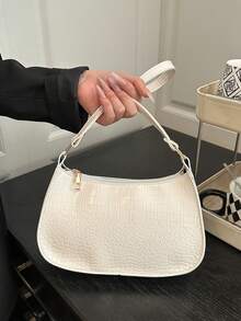 Solid Color Embossed Geometric Shoulder Bag With Zipper, Waterproof Casual Handbag For Women, Suitable For Office, Work, Business, Commute - White - View 4