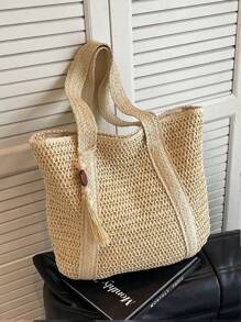 1pc New Fashionable Versatile Tote Bag, Beach Vacation Bag, New Arrival Fashionable Woven Beach Tote Bag, Lightweight Elegant Design, Women's New Straw Woven Handbag, Fashionable And Versatile Large Capacity Tote Bag, Handbag, Large Capacity, Suitable For Women, College Students, Teenagers, With Tassel Pendant, Summer Straw Beach Bag For Women,