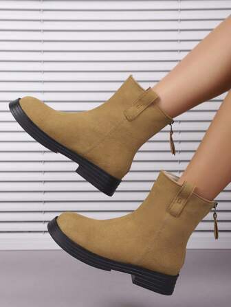 Women's 2025 New Retro Short Boots, Versatile Mid-Calf Boots, Solid Color Back Zipper Casual Style
