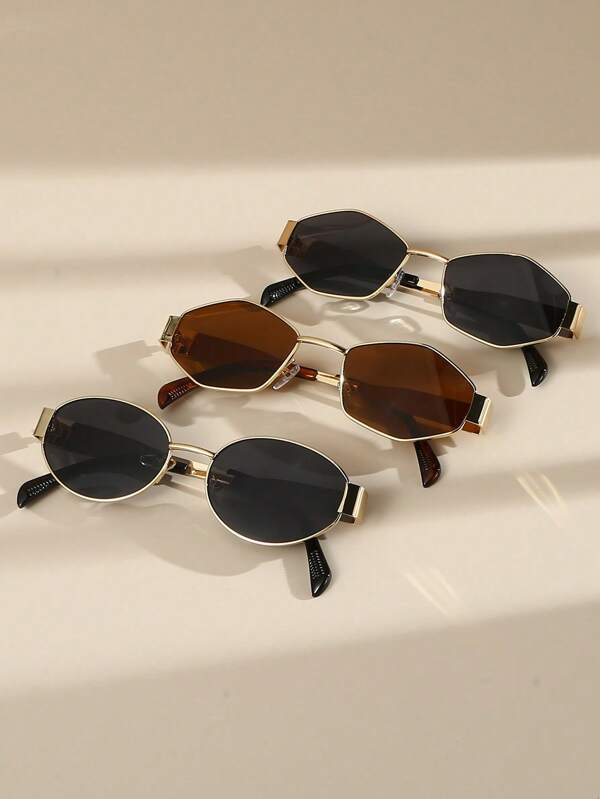 Set de 2 piezas/3 piezas de gafas de hombre con montura metálica ovalada y romboidal, adecuadas para uso diario, viajes, vacaciones y playa