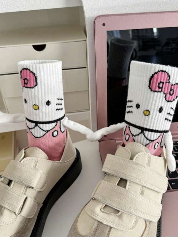 1 Pair Sanrio Kitty Cat Cute Cartoon Mid-Calf Socks, Japan Style Funny Adorable Cat Mid-Calf Socks