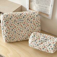 3pcs Makeup Bag Quilted Cosmetic Bag Silk Ribbon Large Floral Make Up Bag For Women Bow Cotton Makeup Bag Set Flower Travel Toiletry Bag - 彩色 - 查看 4