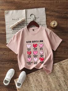 Tween Girl Motivational Graphic Print Round Neck T-Shirt, Summer Top - Pink - View 1