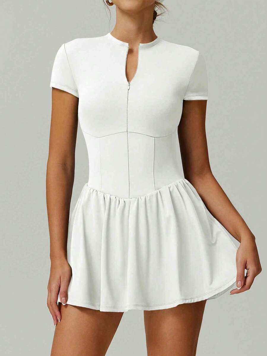 NcmRyu Solid Color Minimalist Elastic Seamless Tennis Dress, Spring/Summer - White - View 1