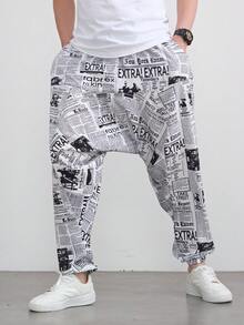 بنطلون هاريم فضفاض بطباعة صحيفة قديمة للرجال، بنطلون طويل كاجوال للارتداء اليومي، الرياضة، عطلة الشاطئ، الخريف