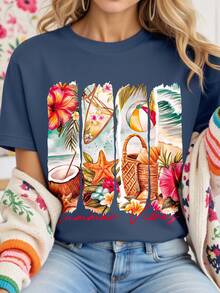 DEAR MOLLY 夏季海滩主题印花圆领短袖T恤，适合派对、聚会及各种场合，四季皆宜，是送给妈妈的理想礼物。 - 藏蓝色 - 查看 2