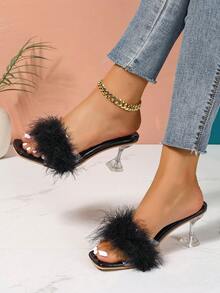 Women's Summer Mule Sandals, Open Toe Slip On, Fluffy Feather Fashion Casual Transparent Crystal Heel High Heels, Black - Black - View 5