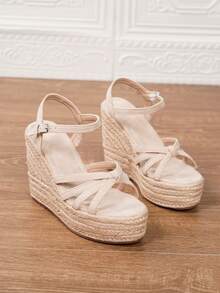 女士简约踝带帆布鞋，度假米色编织绒面革绳底厚底坡跟凉鞋，波西米亚风布扣沙滩婚礼户外休闲编织鞋，四季皆宜