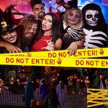 Halloween Caution Tape With Bloody Handprints - 82ft Plastic Warning Ribbon For Horror Theme Party Decoration, Barrier, Zombie Scare Accessory,  For Kids, Water-Resistant, 14+ Years