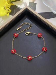 1pc Fashionable Delicate Twisted Faux Pearl Stainless Steel Bracelet With Pink Crystal Flower Handmade O-Link Chain Wristband, Suitable For Women, Spring/Summer/Autumn