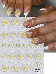1片软胶莲花美甲贴纸，5D立体浮雕黄色仙女莲花美甲贴，彩色花瓣雕刻滑动美甲贴纸，DIY美甲装饰饰品 - 彩色 - 查看 3