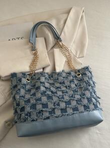 Denim Tote Bag For Women, 2020-2025 New Fashion Large Capacity One Shoulder Bag, Casual Commuter Bag With Frayed Edges
