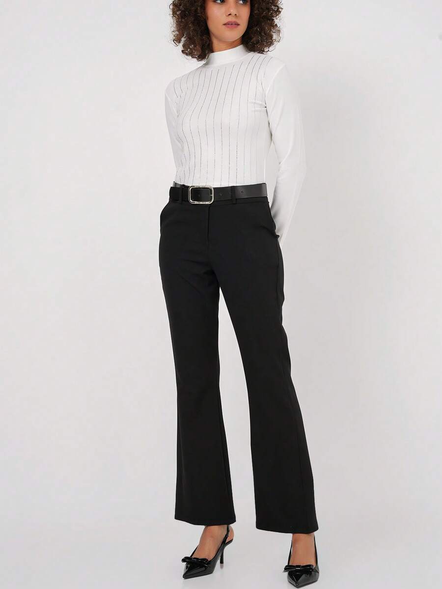 Women Solid Color Casual Elegant Party Pocket Drawstring Button Pants - Hitam - View 1