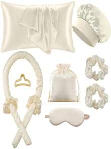 10 pièces Ensemble d'outils de coiffure pour le sommeil, 1 pièce Taie d'oreiller en soie pour cheveux et peau Ensemble Reine, Ensemble de boucles sans chaleur en soie, Fer à friser de nuit, 1 pièce Masque pour les yeux doux pour le sommeil, 1 pièce Bonnet de nuit en soie pour le sommeil, Ensemble d'articles essentiels pour le sommeil, Retour à l'école, Accessoires de voyage et de vacances, Accessoires pour cheveux pour femmes