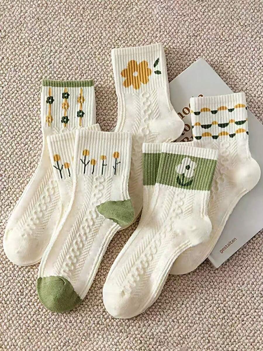 5雙/套女款創意花卉印花綠色中筒襪